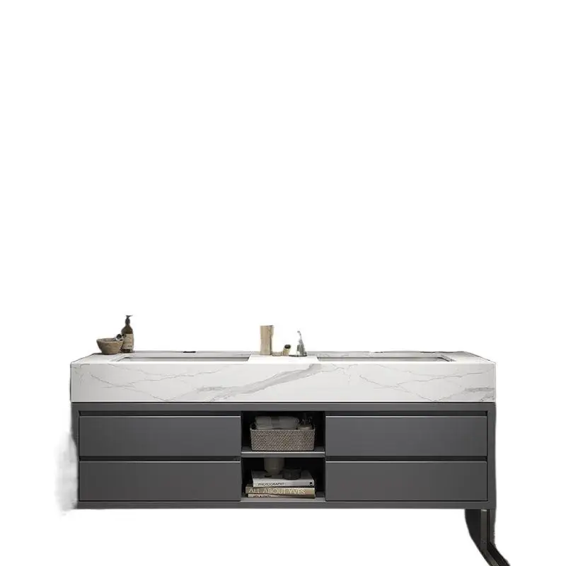 

Простая современная ванная комната, каменная плита, шкаф для ванной комнаты, комбинированный умывальник, умывальник, двойная раковина