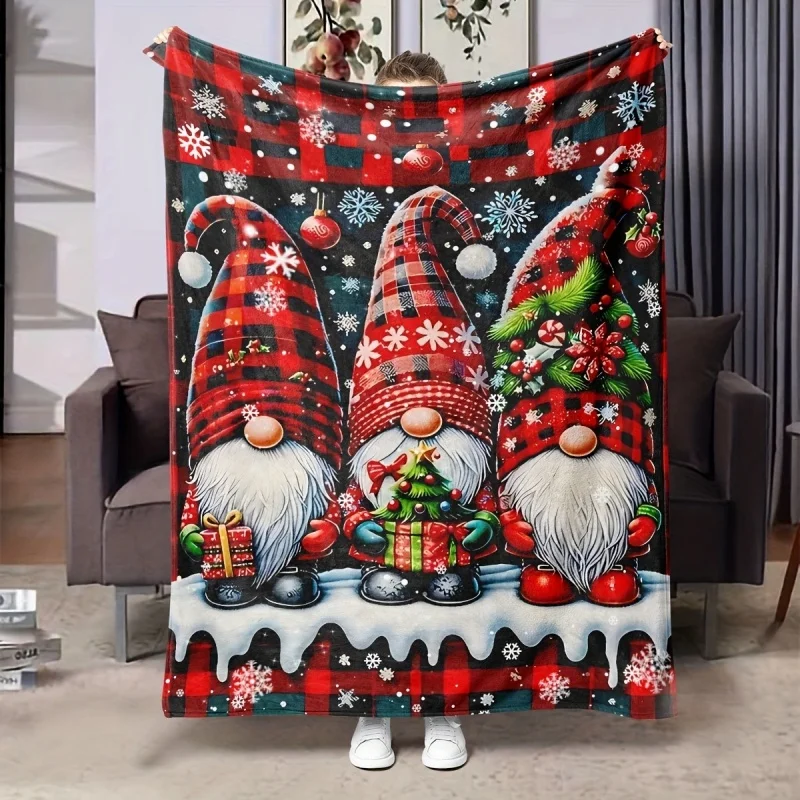 Christmas Gnome Buffalo Plaid Flannel Throw Blanket, Snowflake Gift Element Soft Lightweight Plush Blanket for Couch Bed