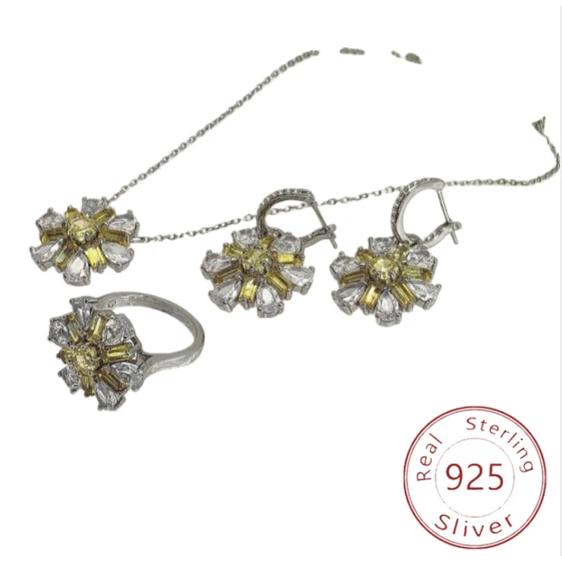 قلادة وأقراط وخاتم من الفضة الإسترليني عيار 925 مرصعة بالألماس الأصفر والأبيض وشعار SWA: أنيق وساحر