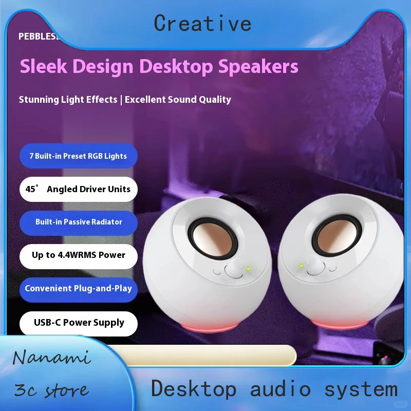 Mini haut-parleur de bureau cr�atif Pebble SE USB-C multim�dia pour ordinateur portable, petit haut-parleur filaire, �clairage rvb, usage rapide, cadeau de no�l