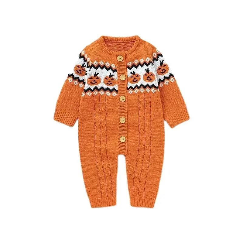 Girls Jumpsuits Outfits 0-18m Long Sleeves Toddler Halloween Clothes Baby Boys Rompers Winter Orange Pumpkin Knit Newborn Infant