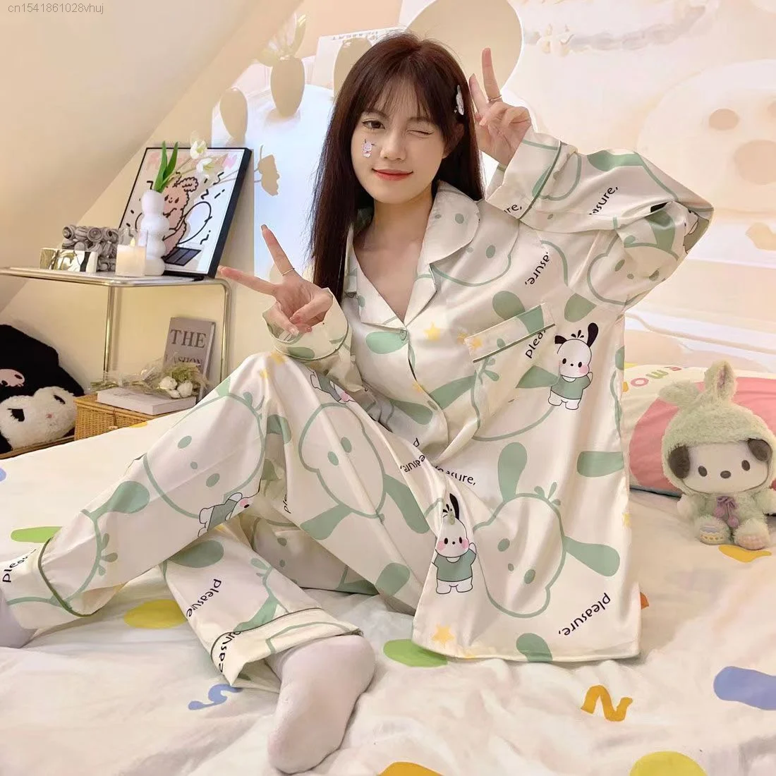 Sanrio Hello Kitty Long Sleeve Pajamas Ice Silk Cute Anime Home Wear Sets For Women 2 Pieces Kawaii Kuromi Pijamas Sleepwear Y2k