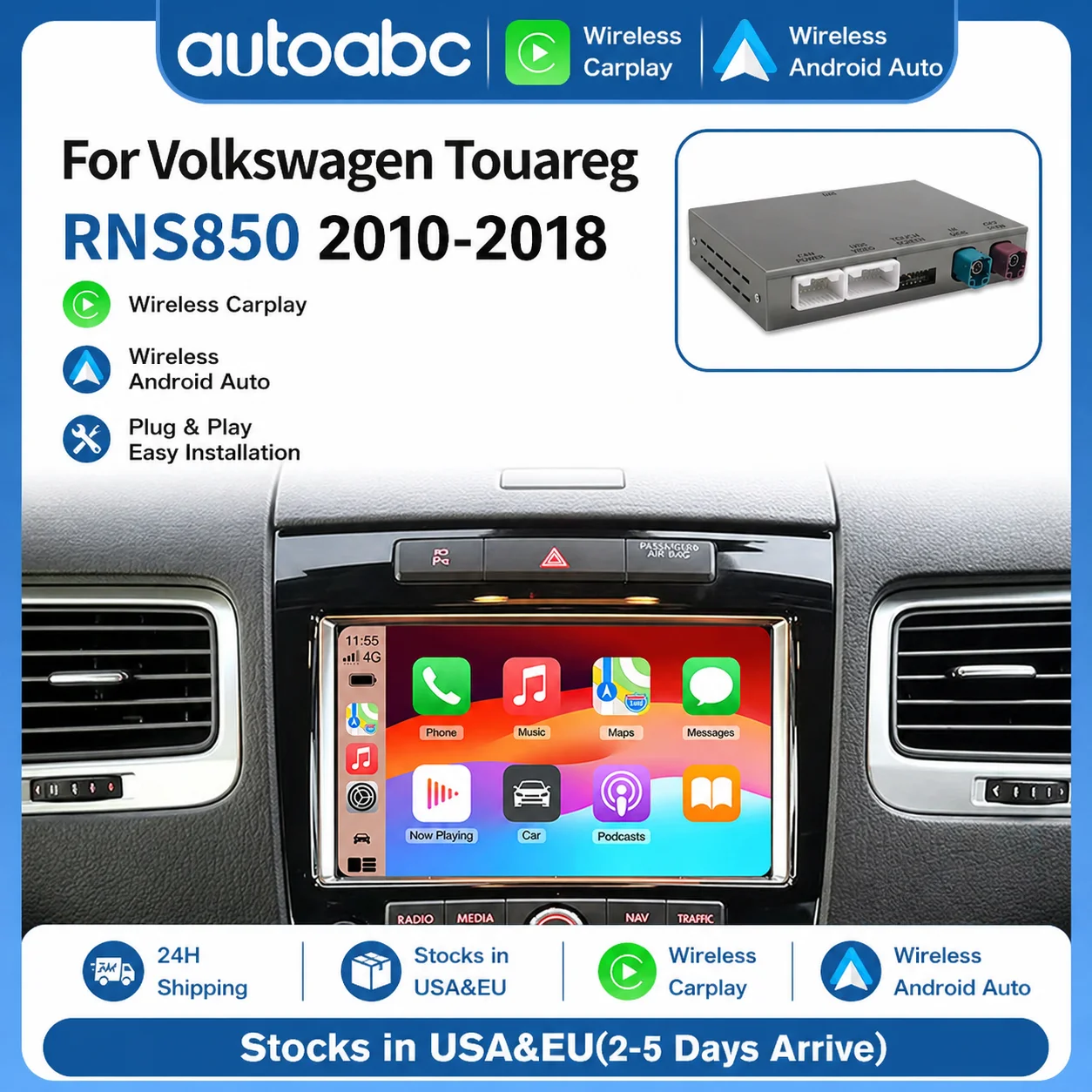 Für Volkswagen Touareg RNS850 2010-2018 Kabelloses CarPlay Interface Android Auto mit Sprachsteuerung Mirror Link GPS BT Funktionen