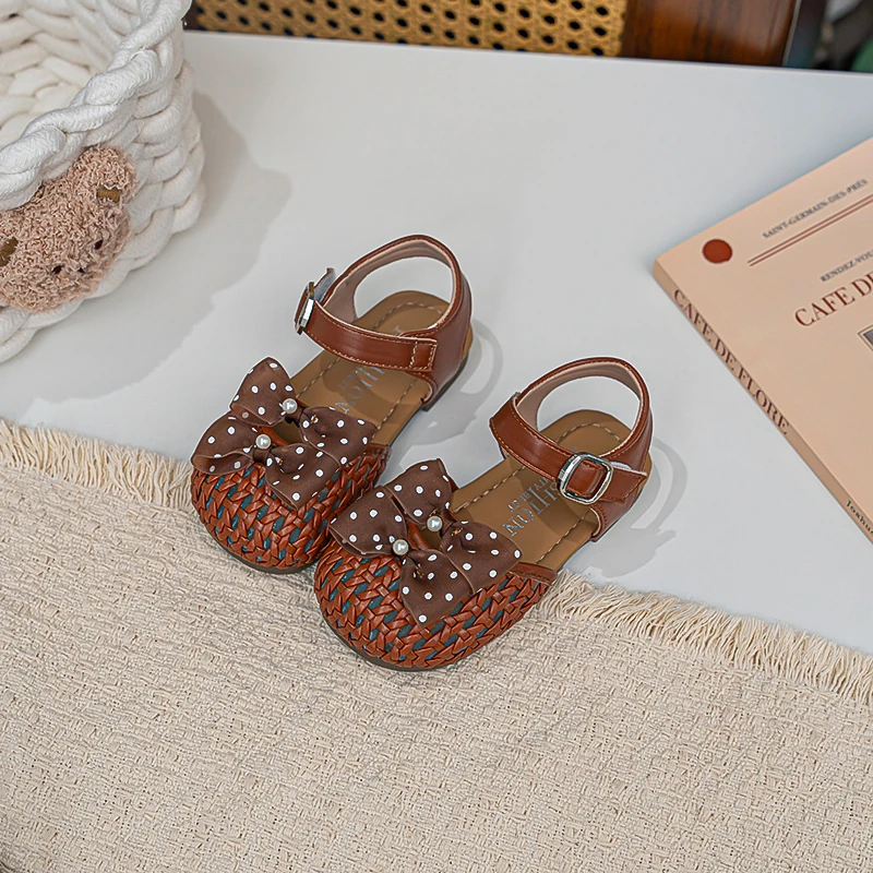Girls Princess Shoes Weave Trendy Kids Beach Shoes with Sweet Polka Dots Bows 2026 Summer New Children Casual Fashion Shoes