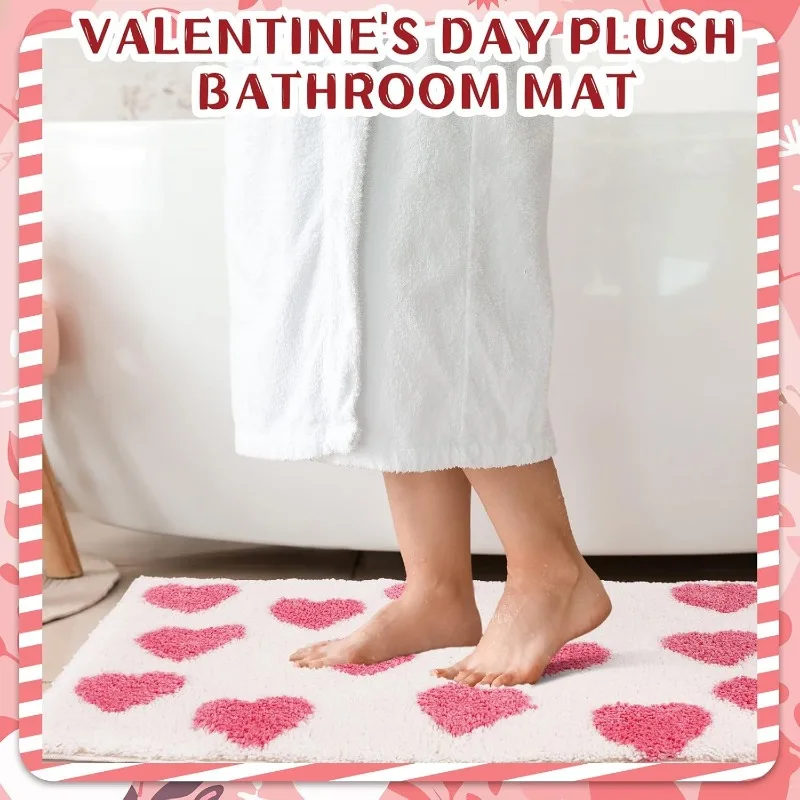 Keset Kamar Mandi Bentuk Hati 20x32 Inci Warna Pink Anti Selip Penyerap Air Dapat Dicuci untuk Dekorasi Rumah Kamar Mandi Hari Valentine
