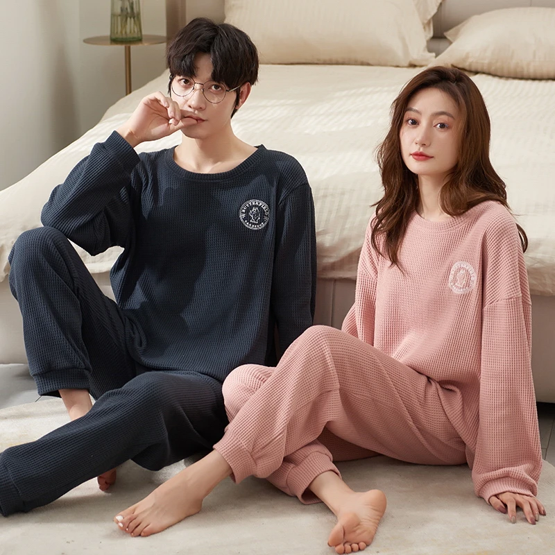 Conjuntos de pijama para homens e mulheres, loungewear manga comprida, pijamas coreanos, pijamas de algodão plus size, outono