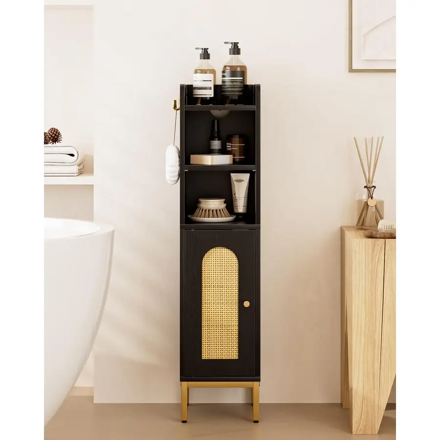 

Storage Cabinet, Small Corner Floor Hutch with 2Hooks,Narrow Toilet Paper Cabinet with Rattan Door,Bathroom Organizer with Adjus