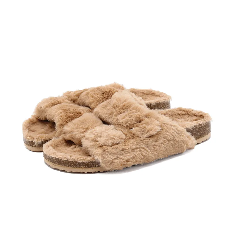 Eyriphy Winter Warm Fur Slippers For Women Adjustable Buckle Home Shoes Open Toe Cork Footbed Furry Sandals Soft Bottom Slides