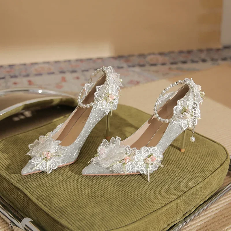 

Fashionable High Heel Wedding Shoes Women's Fine Heels New Lace Flower Pearl One Line Strap Single Shoes