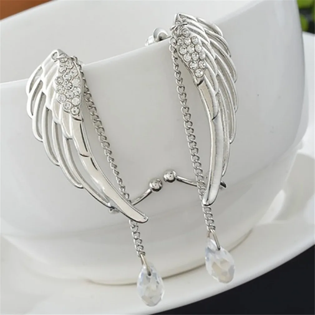 Angel Wings Crystal Earrings for Women Silver Plated Drop Dangle Ear Stud Long Cuff Clip on Earrings Bohemia Tassel Ear Jewelry