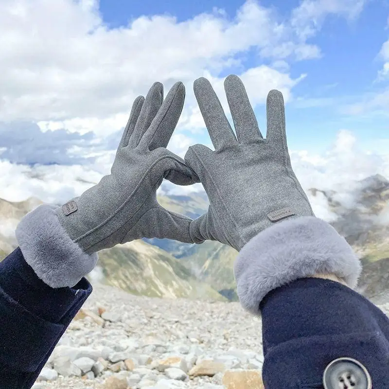 Women Winter Warm Suede Gloves Fuzzy Plush Cuff Thick Thermal Lined for Cold Weather Outdoor Commute