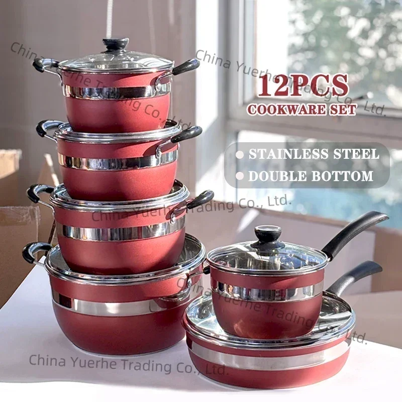 

wholesale stainless steel 12pcs cookware set polishing Thickened double bottom stock pots and pans juego de ollas casseroles