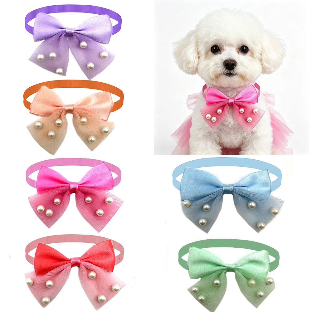 50/100 unidades de nuevos lazos para perros, collares ajustables para gatos, lazos de tul coloridos con perlas, accesorios para mascotas, collares para perros