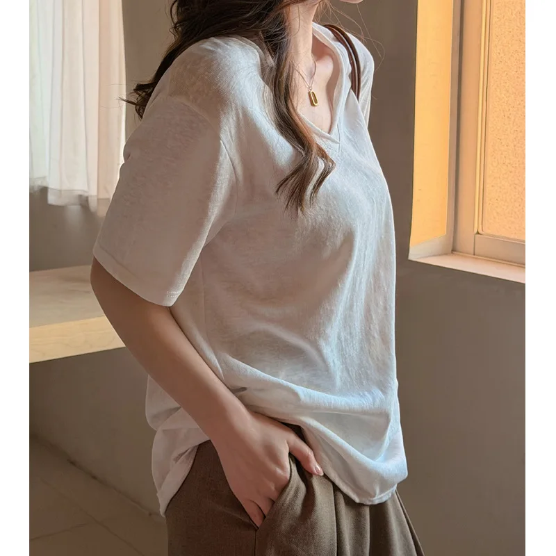 

Summer thin curled V-neck high-end loose large version lazy short-sleeved T-shirt women's Korean snowflake top
