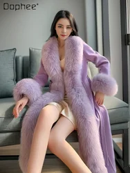 High-End Elegant Slim-Fit Luxury Imitation Long Woolen Coat Women 2023 Autumn Winter Fox Fur Collar Fashion Jacket Female