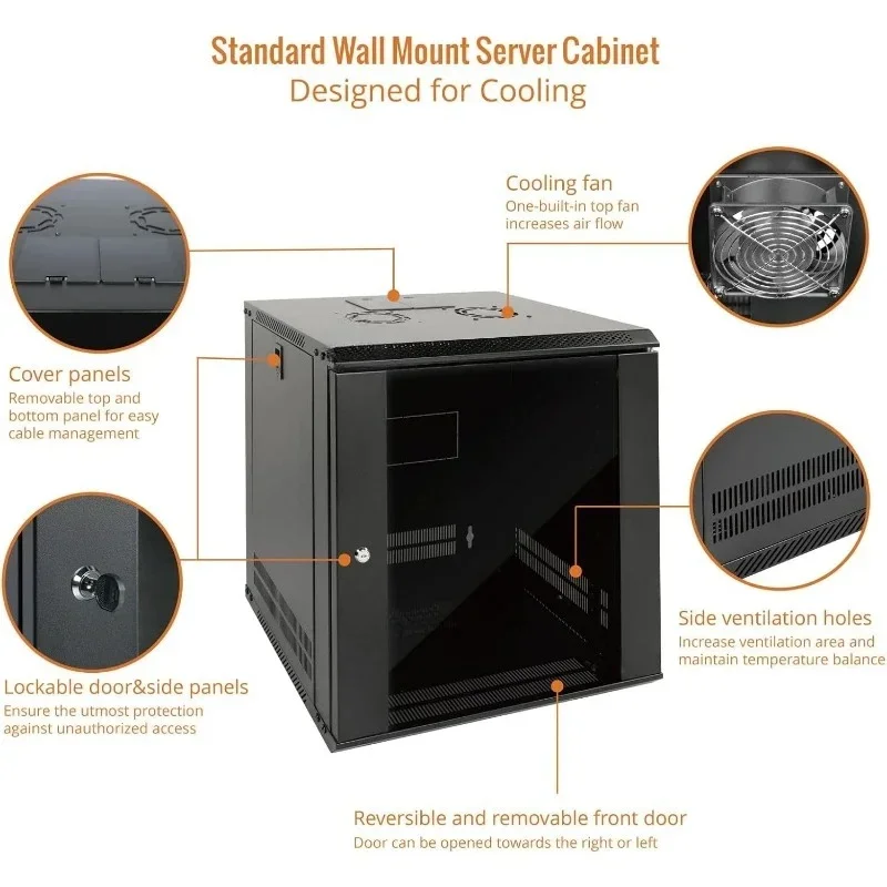 أداة 12U خزانة خادم مثبتة على الحائط، حاوية رف شبكة تكنولوجيا المعلومات، باب قابل للقفل وألواح جانبية باللون الأسود، مروحة تبريد، باب زجاجي