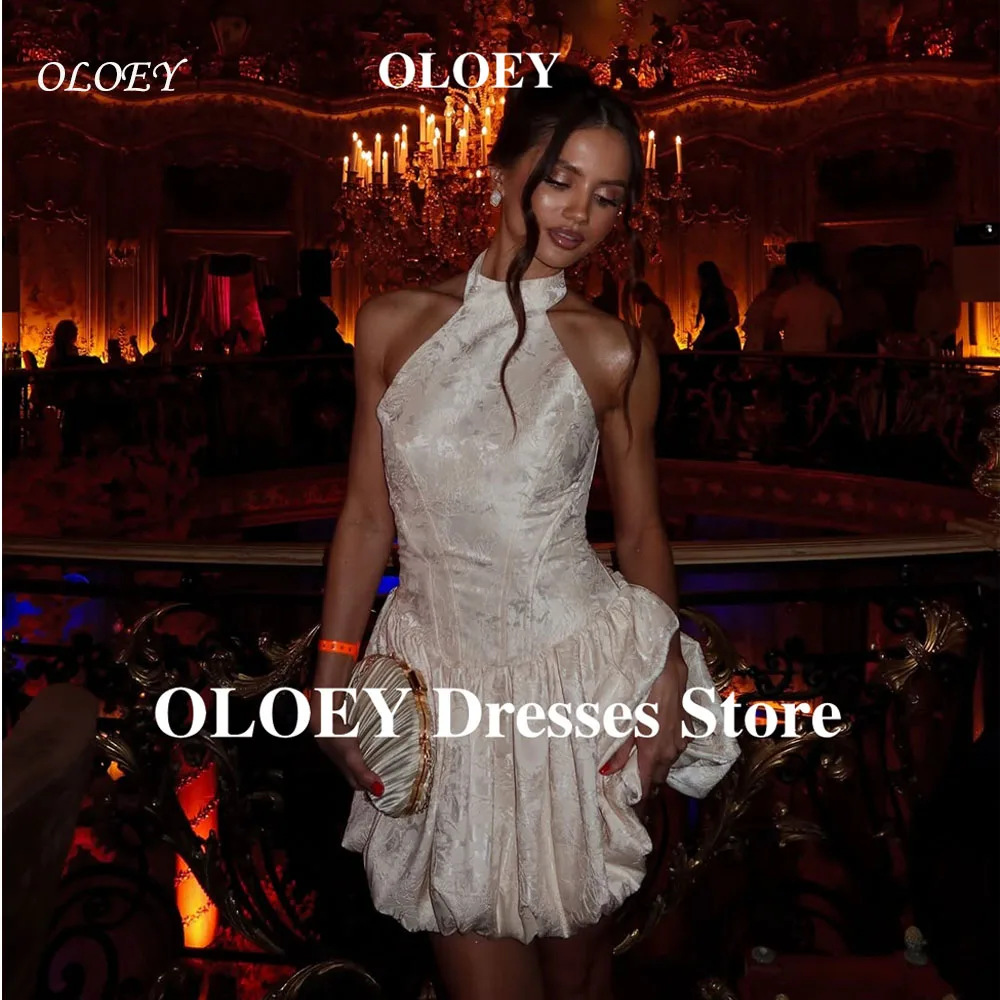 

OLOEY Elegant Printed Mini Short Prom Party Dresses Women High Neck Classic Cocktail Dress Formal Event Gowns Wedding Ivory
