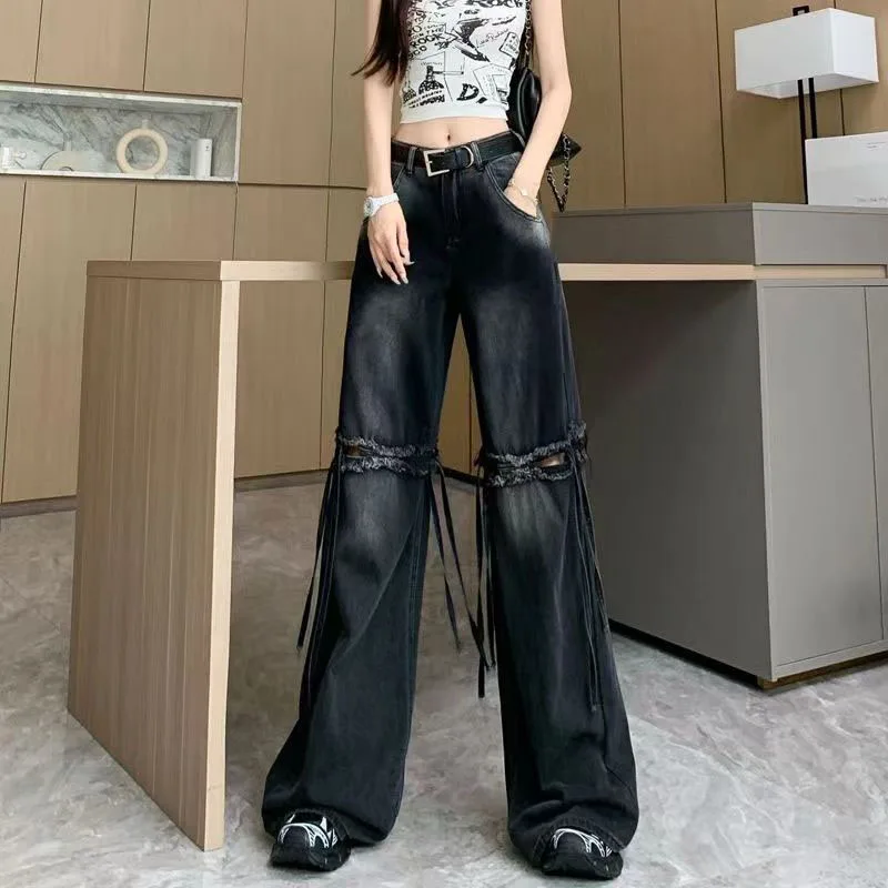 

New Plus-size Women's Jeans Spring Summer Have Holes Denim Trousers Fashion Female Loose, Draping Floor-length Trousers Tide 4XL