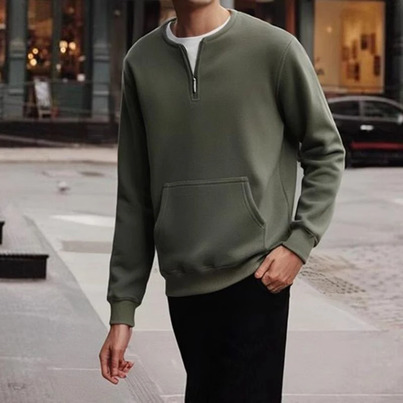 Autumn Winter Fleece Half Zipper Henley Collar Men Long Sleeve Sweatshirts Pocket Keep Warm Thickened Fleece 2xl Oversized Tops