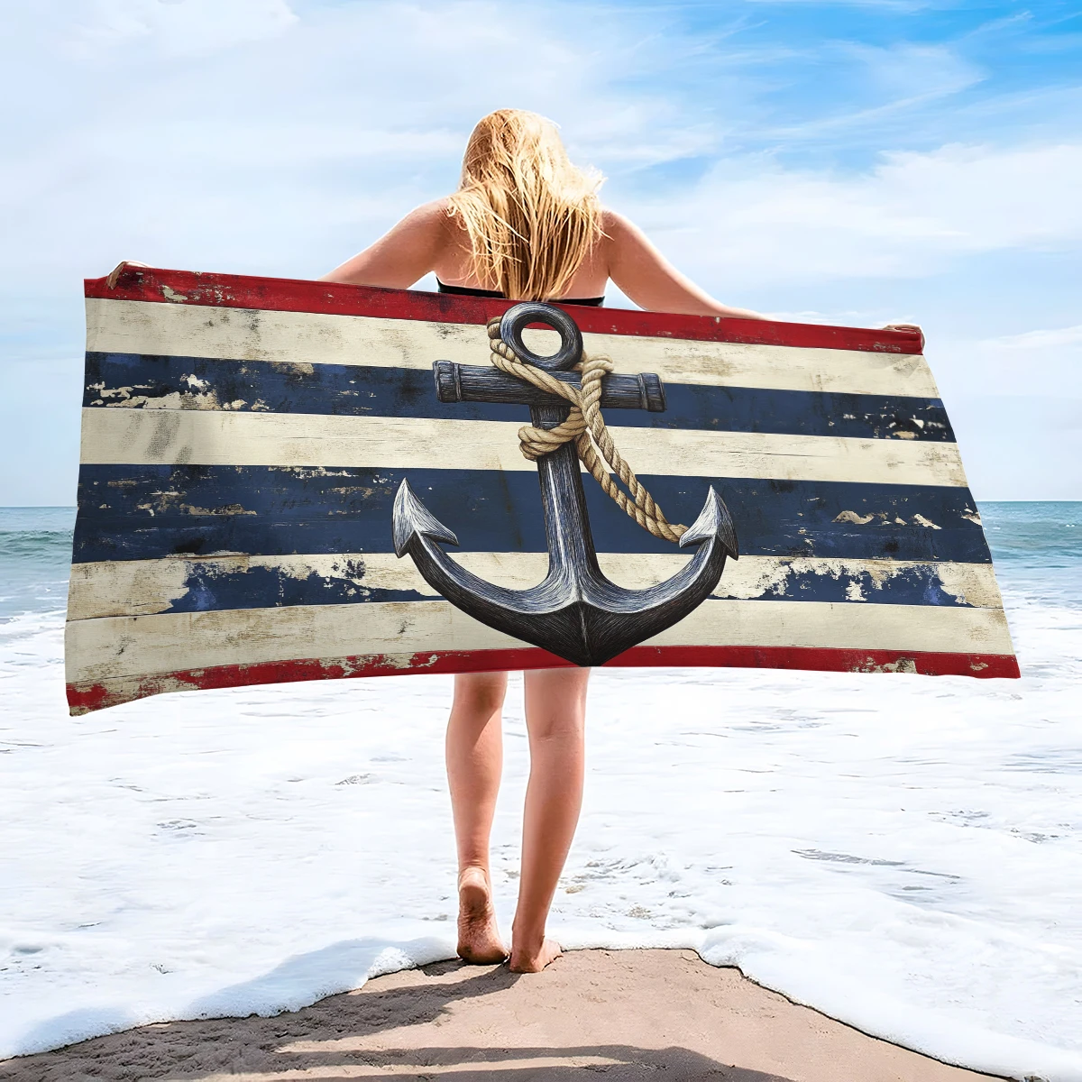 Super Soft Beach Towel with Simple Anchor Graphic - Quick-drying and super absorbent for travel, camping and summer fun