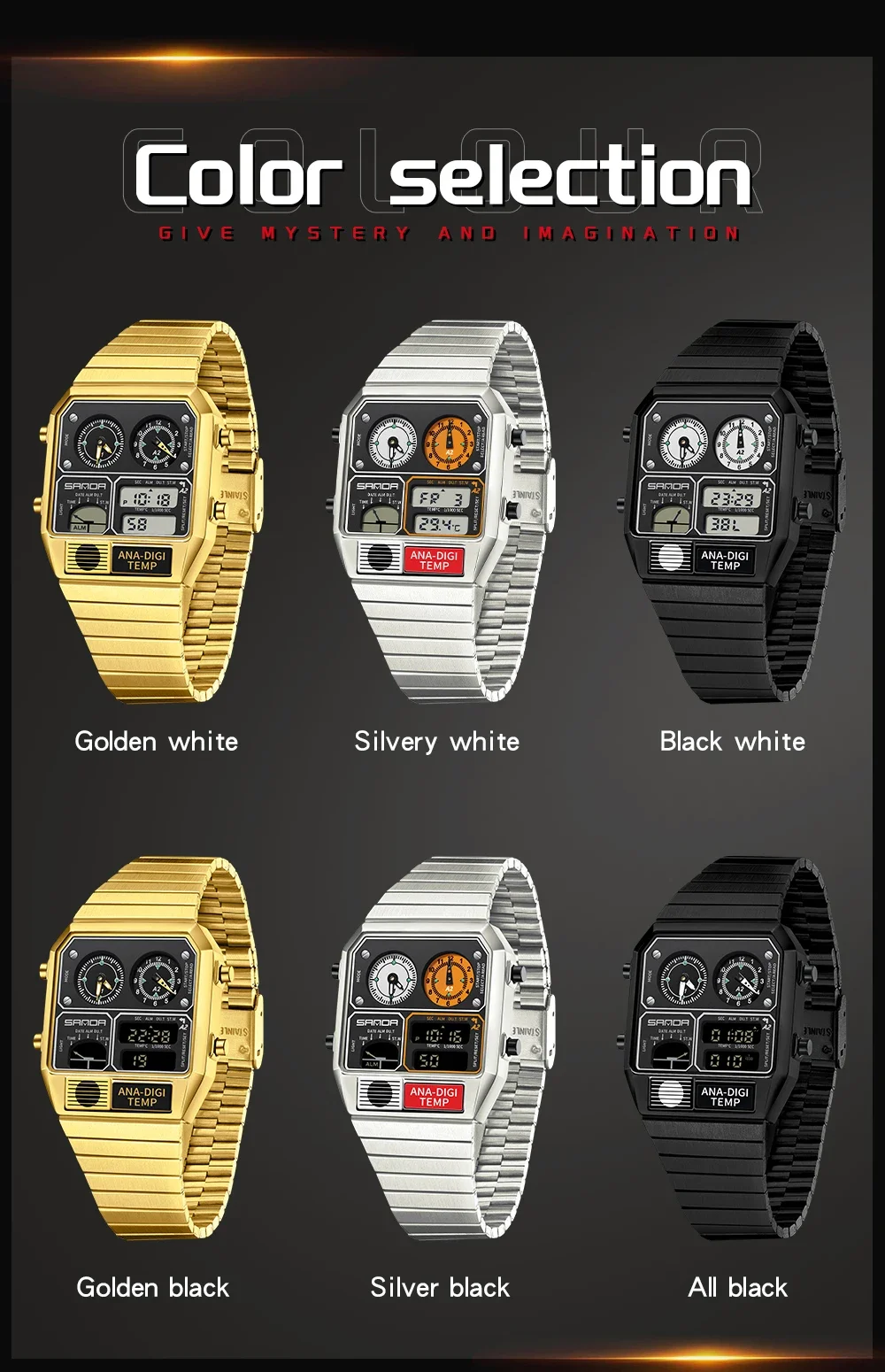 SANDA 3192 Quadratische elektronische Uhr für junge Männer, lässige multifunktionale Armbanduhr mit Thermometer, Stoppuhr, Chronograph – Detail 9