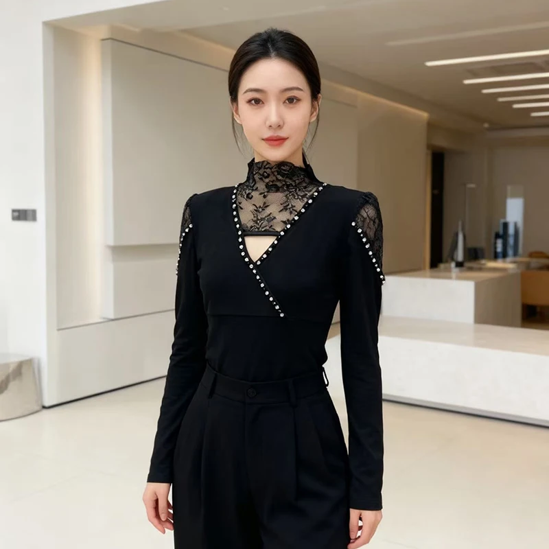 2026,European,Clothes,Cotton,T-Shirt,Fashion,Sexy,V-Neck,Patchwork,Lace,Mock Neck,Women,Tops,Long Sleeve,All Match,Tees,511009