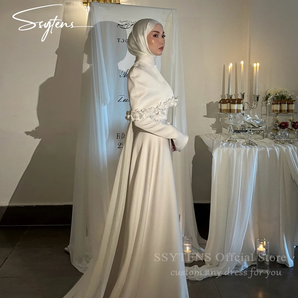 SSYTENS Luxury Ivory Wedding Dresses 3D Flowers Cape A-Line Bridal Gowns Full Sleeves Formal Muslim Bride Dress Women Customized