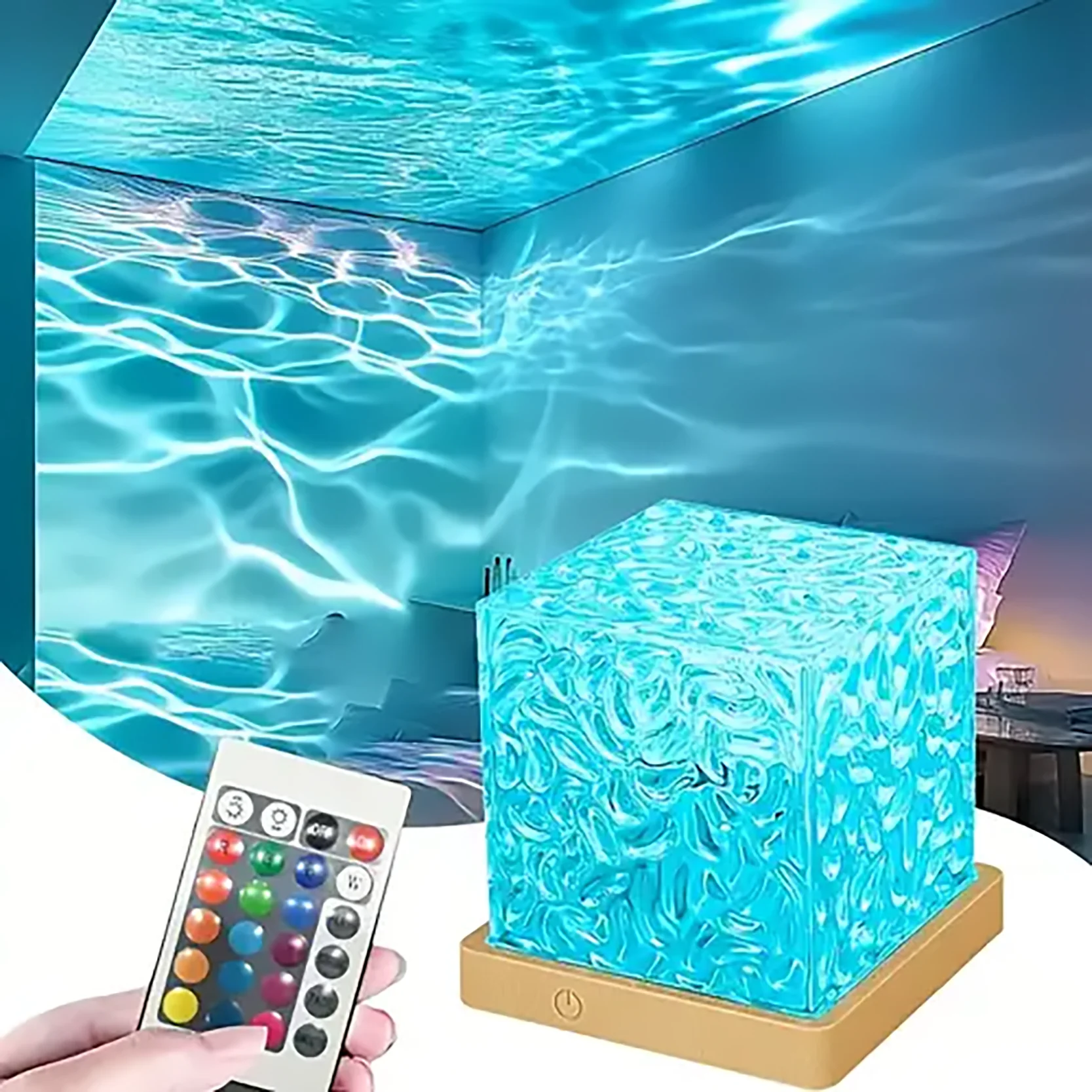 Ocean Wave Aurora Projector Light USB Remote RGB Water Ripple 16 Colors Night Light Home Office Bar Living Room Ambient Light