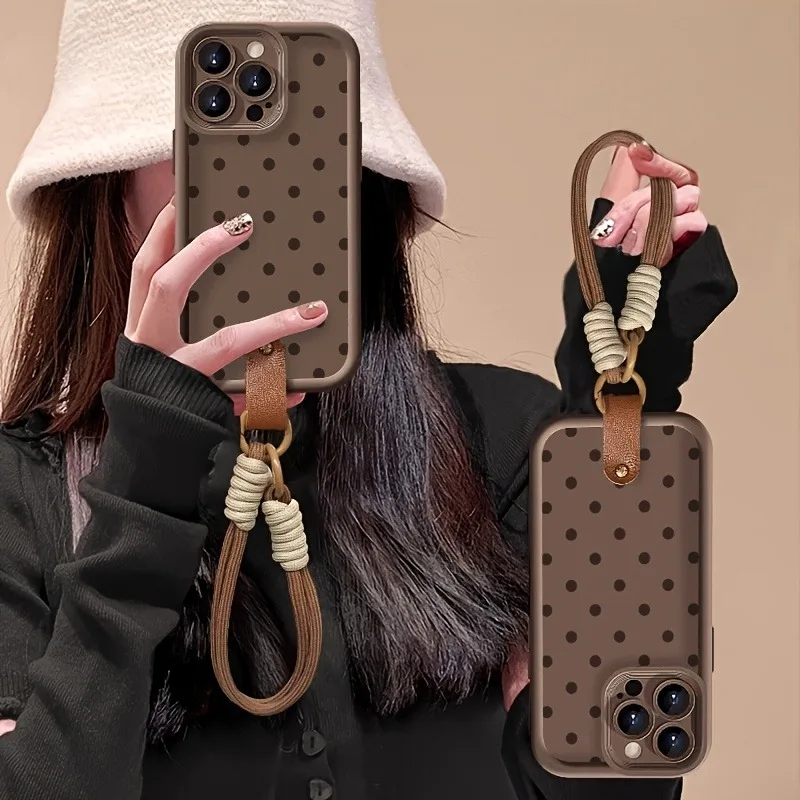 Braunes Polka-Dot-Lanyard-Handyhalterungsseil für iPhone 14 15 16 17 Pro Max 14 13 12 Pro Plus Stoßfeste Matte Silikonhülle – Detail 2