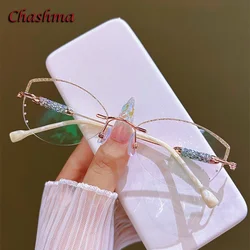 Chashma Lady Luxury Eyeglass Transparent Glitter Lenses Titanium Frame Women Rhinestone Optical Rimless Light Spectacles Female
