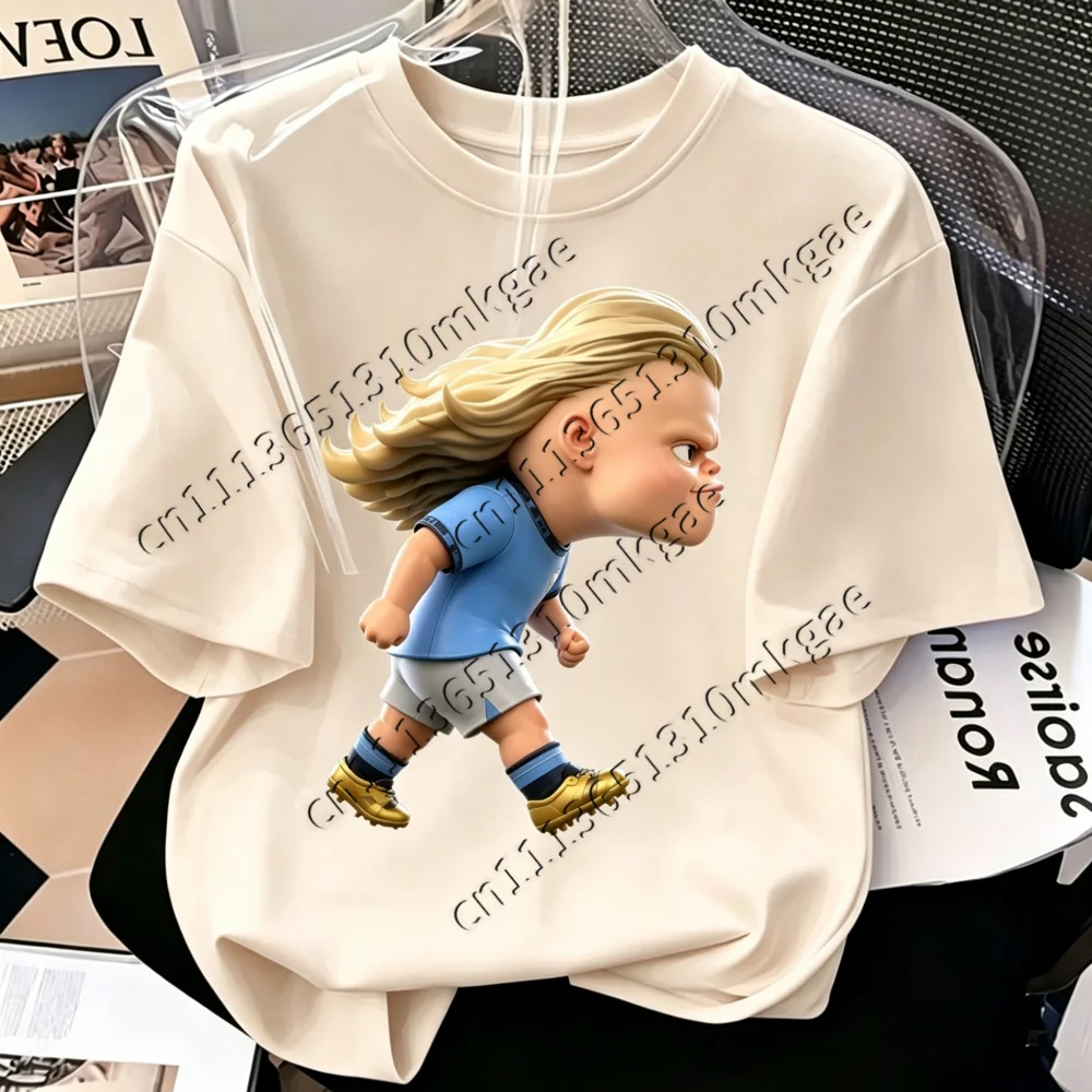 Herren Damen Freizeit Kurzarm T-Shirt Niedliche Q-Version Haaland Cartoon Fußballstar LooseTops Sportfans Kinder Alltags-Shirts – Detail 4