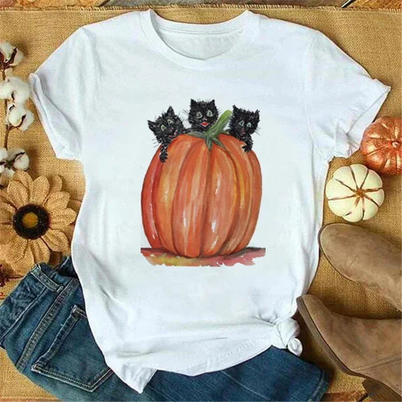 Women Pumpkin Coffee Spice New Autumn Fall Halloween Cartoon Thanksgiving Tops Regular Tees Graphic T-Shirt Tshirt Clothes.