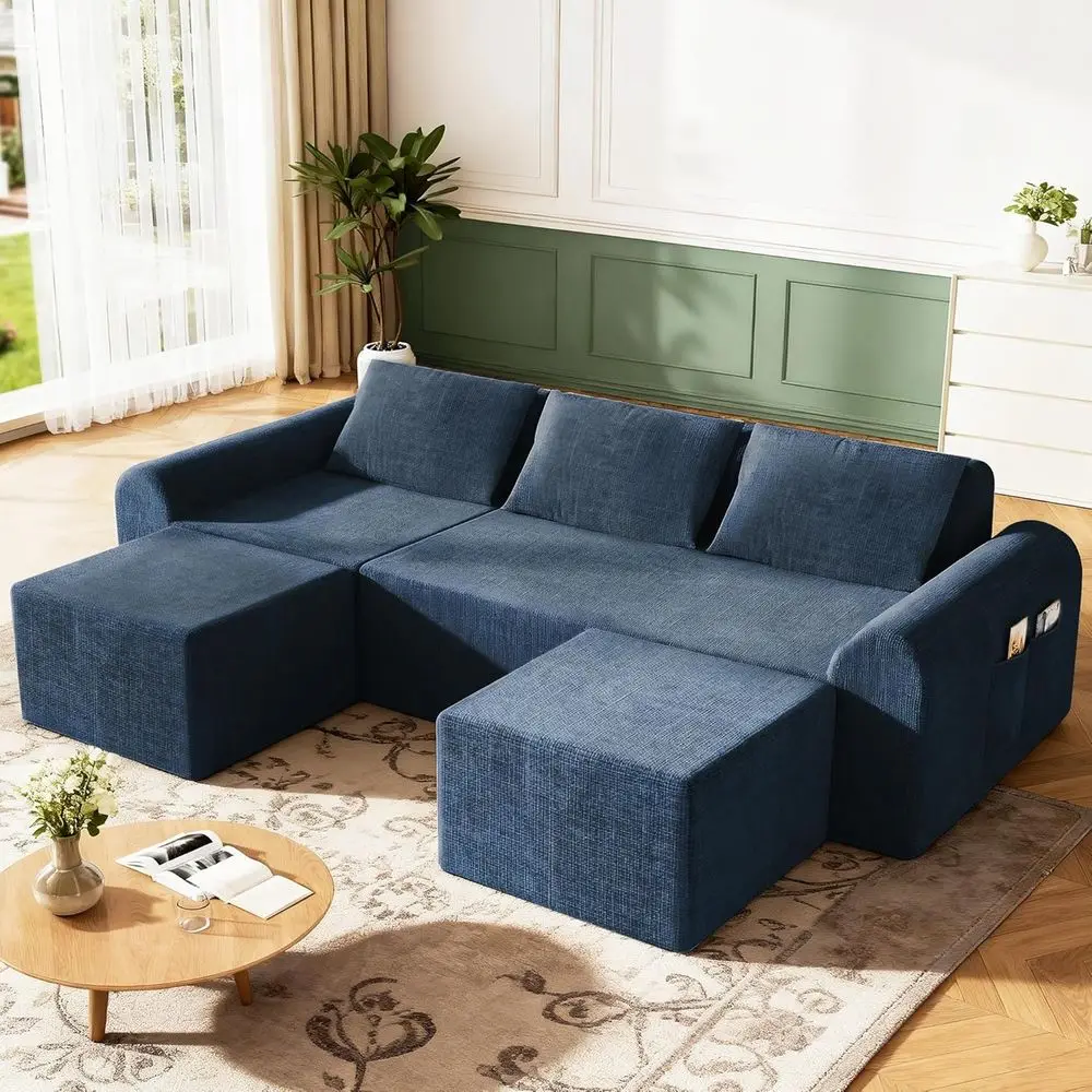

3-Seater Deep Seat Chenille Fabric Living Room Sofa with 2 Ottomans, Easy Assembly, Blue