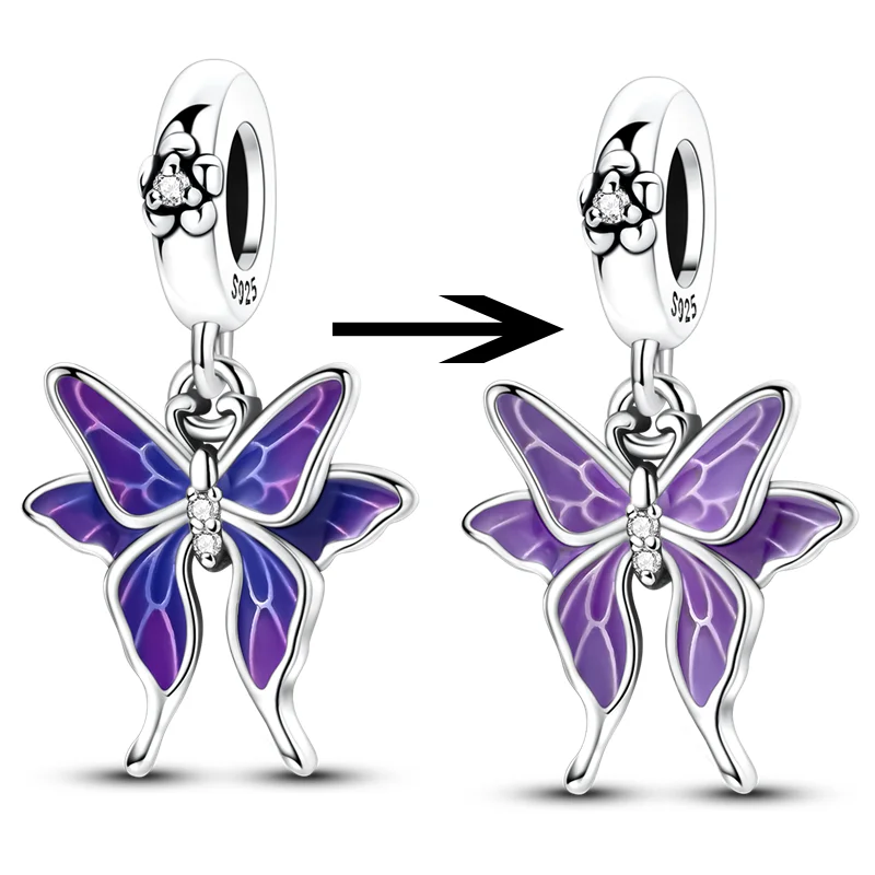 

925 Sterling Silver Charms Bead Thermal Sensitive Color Changing Butterfly Dangle Fit Original Bracelet DIY Women Jewelry