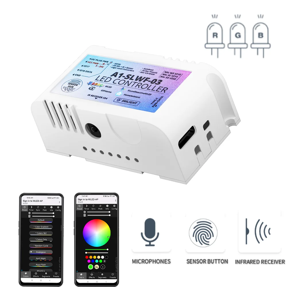 WiFi RGBIC Pixels LED Controller Mic SLWF-03 Light color dimmer Google Play and AppStore Control WS2812 WS2815 RGB lighting lamp