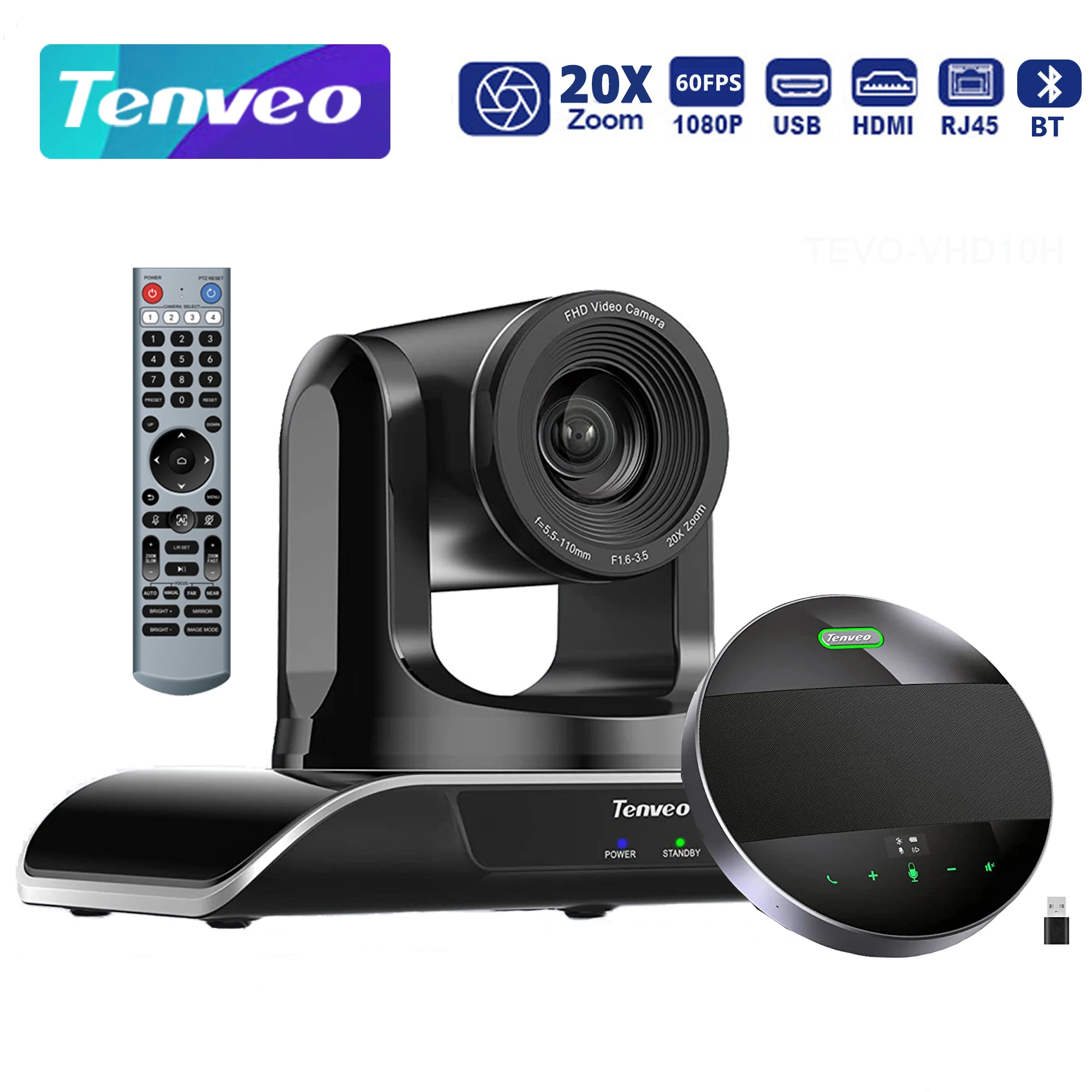 Tenveo Conference Room Camera System with Bluetooth Speakerphone USB+HDMI+IP PTZ Video Camera 20X Zoom Works with Zoom OBS Teams