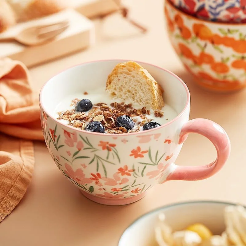 

Large Capaci Cerc Mugs Cute Breakfast Oats Coffee Cups Home Daily Use Water Mugs Blue Floral Pattern Paper Box Paaging
