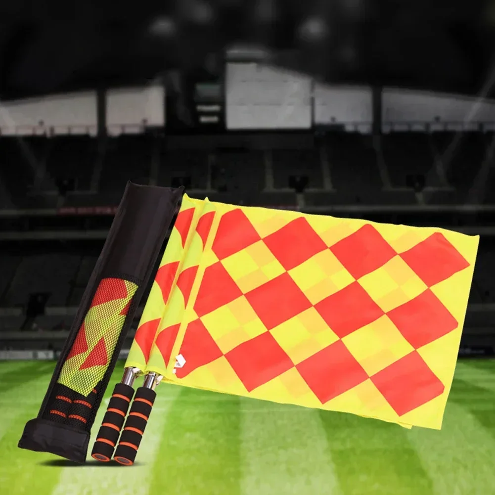 

Brand New Soccer Referee Flag Fair Play 2.5cm Dia 44mm*34cm Black Handle Football Linesman Flags Lightweight Portable