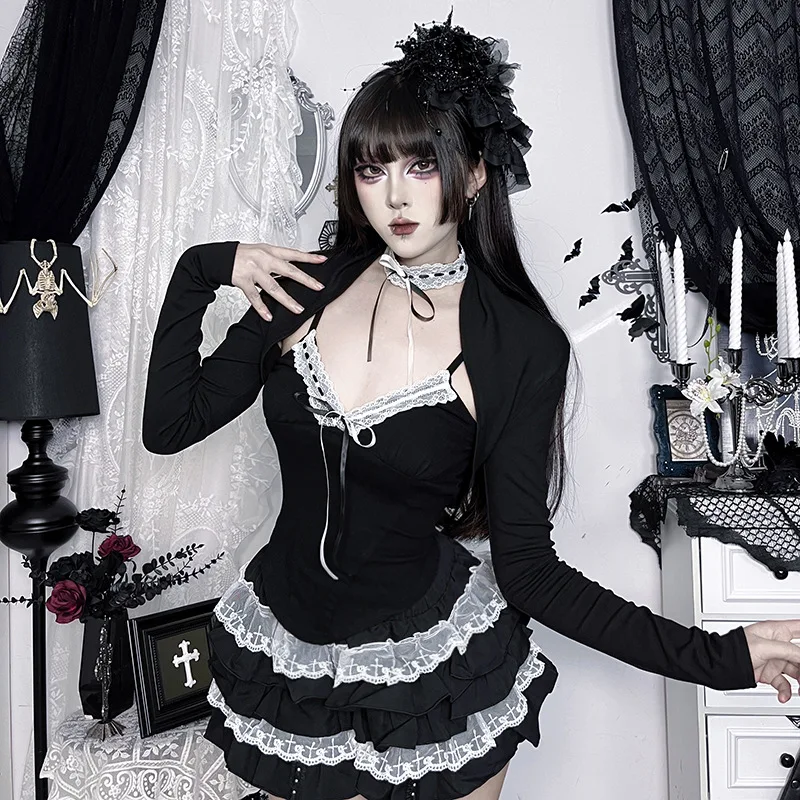 

Black Lace Patchwork Camisole Long Sleeve Tops T-shirts Two Pieces Set New Fashion Women Autumn Top With Choker