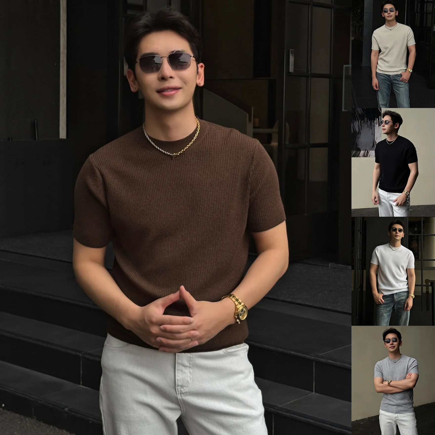 Knitted sweater short-sleeved T-shirt men's semi-turtleneck anti-stripe texture ice silk summer