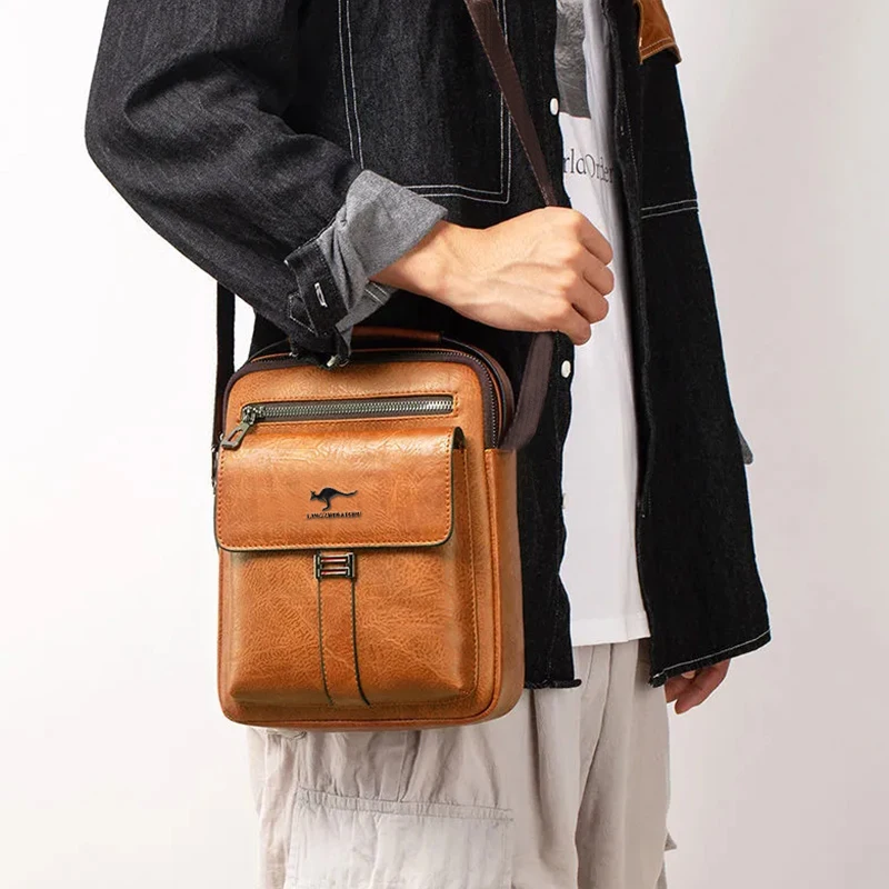 Men Multifunctional Leather Shoulder Bag Multi Pocket Crossbody Messenger Bag Business Travel Handbag with Top Handle Black image 5