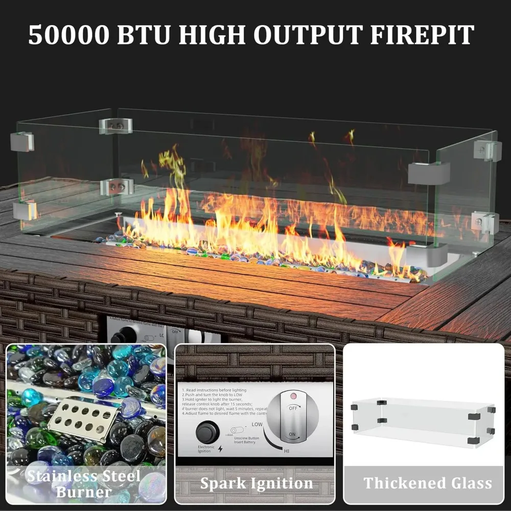 8 Pieces Outdoor Patio Furniture Set with 44" Fire Pit Table Rattan Sectional Conversation Sets w/Gas Fire Pit image 3