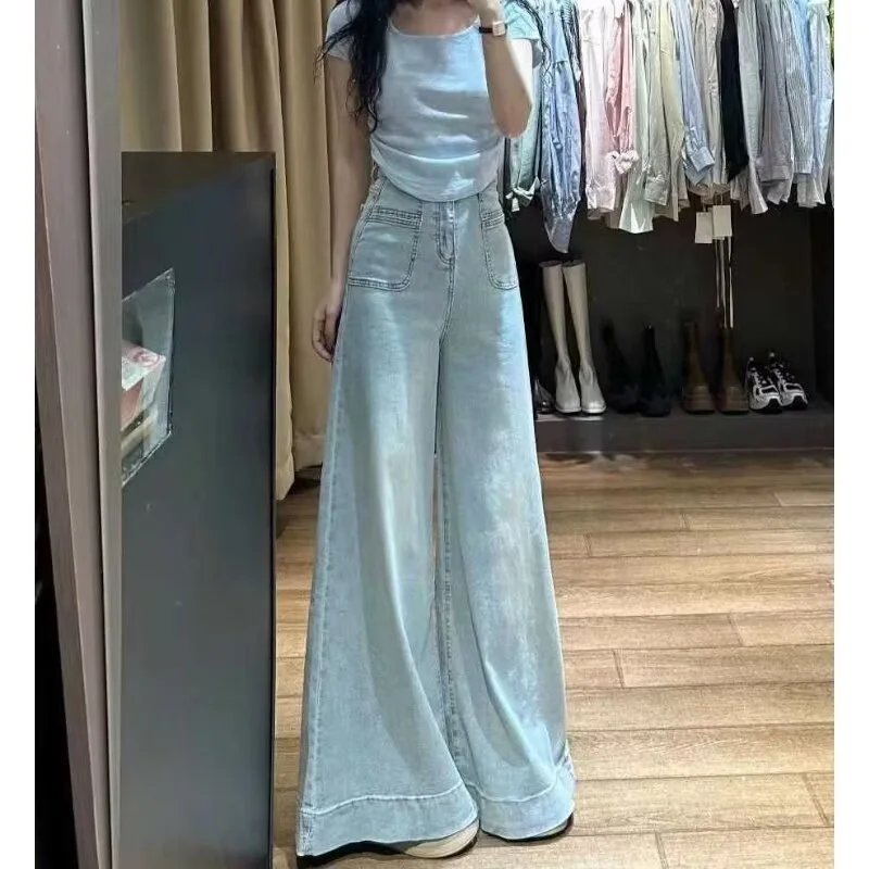 Vaqueros Vintage para mujer, ropa vaquera plisada Y2K, moda de estilo coreano, cintura alta, holgado, negro, ropa informal estética Harajuku