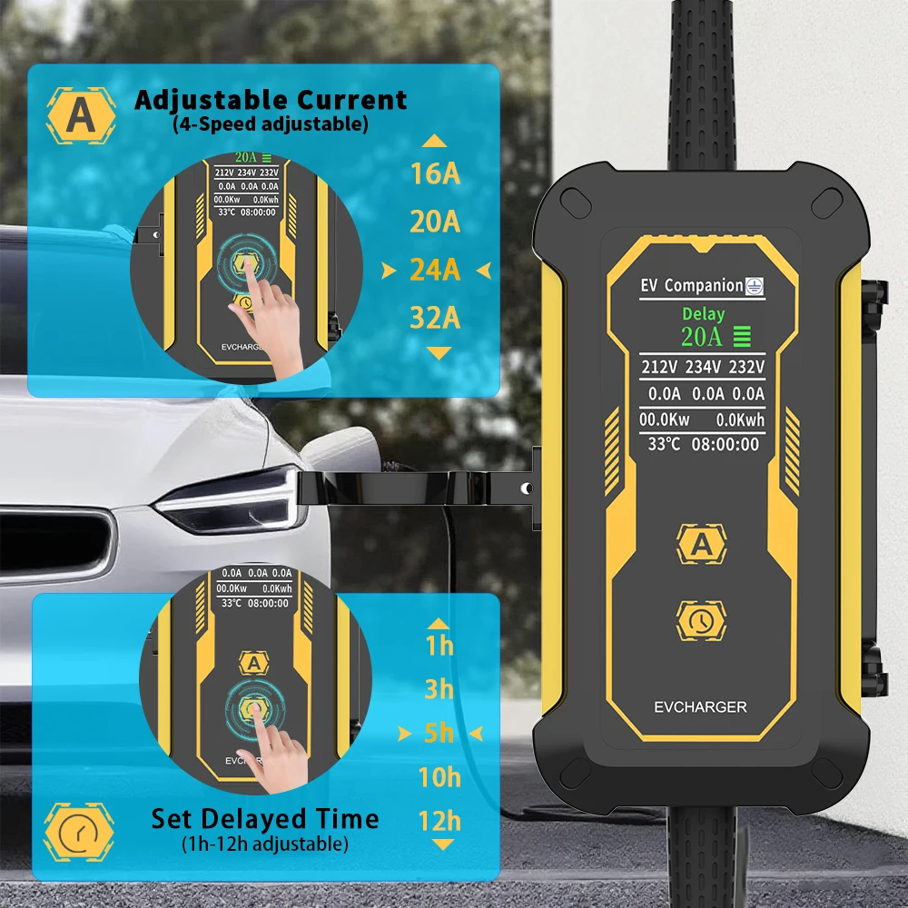 Unirise Type2 EV شاحن سيارة محمول 7KW 32A Wallbox الولايات المتحدة التوصيل Type1/GBT EVSE شحن سريع كابل 5 متر مع ضبط التيار/الوقت