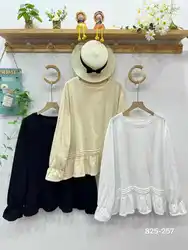 2025 Mori kei Japanese fashion lace crochet collar cartoon embroidery t shirt women pullover cotton long sleeve basic tops