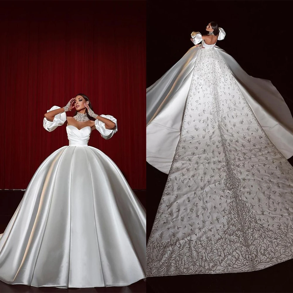 

Fancy White Wedding Dresses Sweetheart Strapless Bridal Ball Gowns Custom Made Puffy Sleeves Appliques Vestido de novia