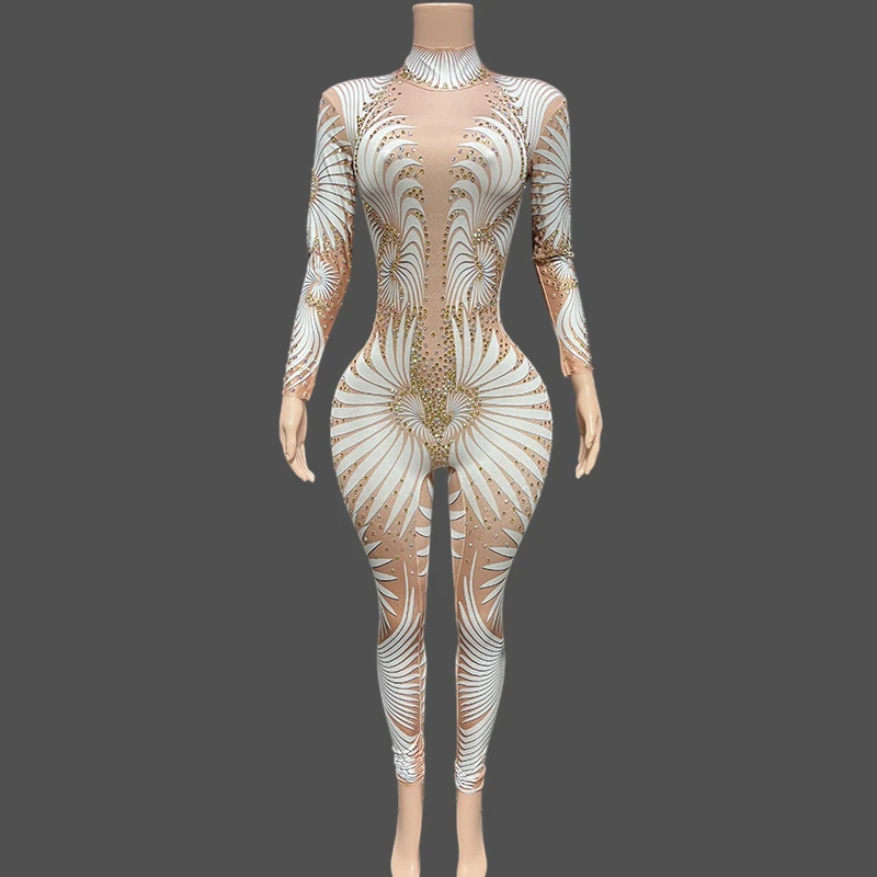 

Carvival Parade Dress Women White Printed Shiny Rhinestones Bodycon Jumpsuits Evening Party Stage Costumes Clubdress Wholesale