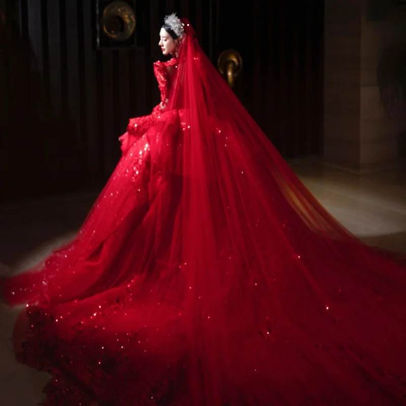 Customized Red Ball Gown Women Wedding Dresses Tulle Long Sleeves Appliques Sequins Bridal Gowns Vestido De Noiva robe de mariée