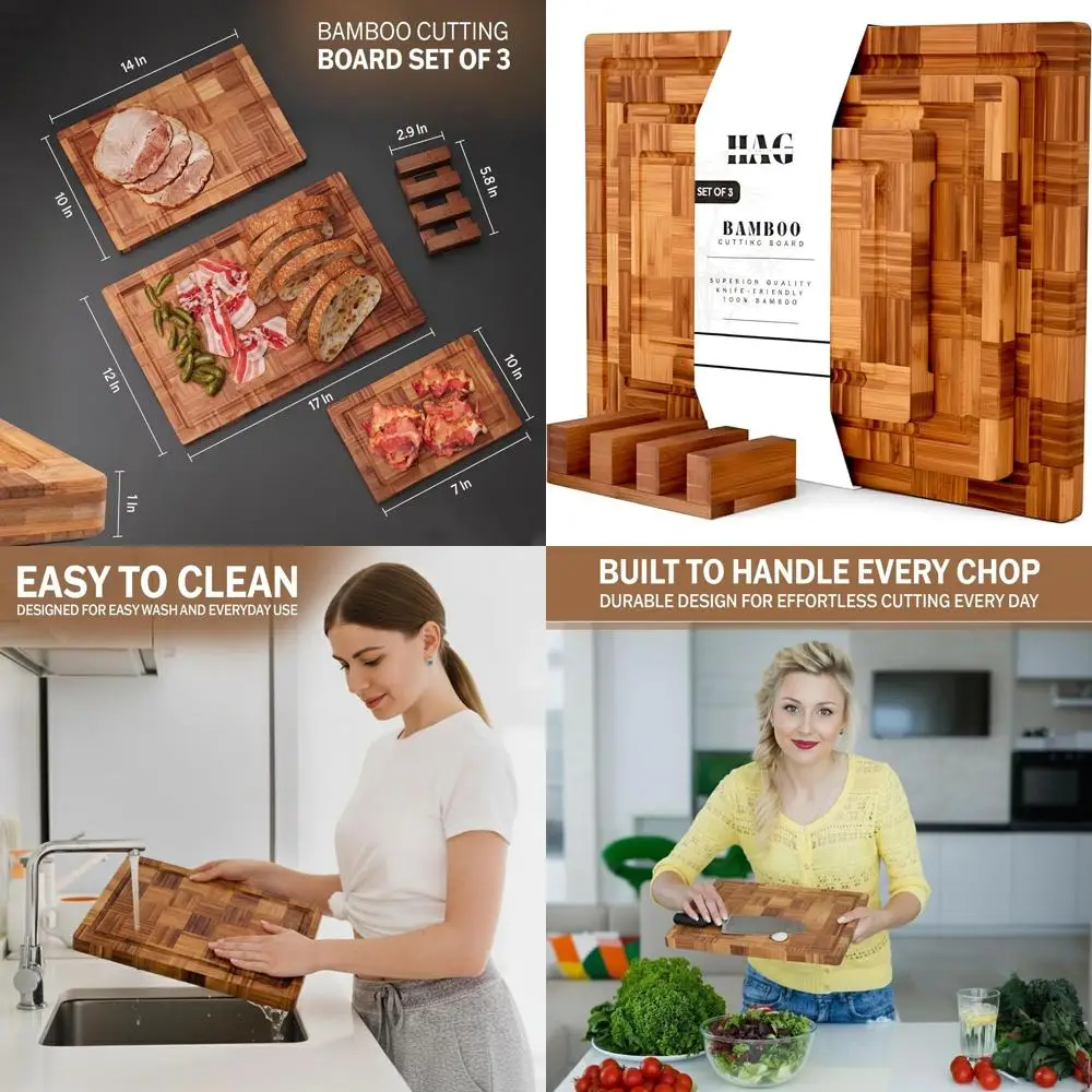 

Triple Set of Bamboo Cutting Boards: Large, XL & XXL, Heavy-Duty End Grain, Juice Groove, Non-Slip Kitchen Prep & Serving Boards