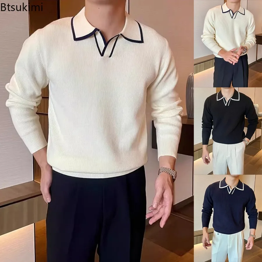 Men Turn Down Collar Knitted Sweater British Retro Slim Long Sleeve Pullover Color Block Casual Autumn Winter Daily Gentle Top